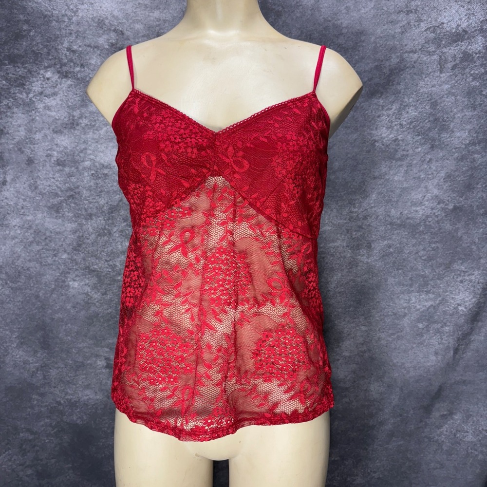 Y2K New York & Company Red Lace Babydoll Cami Tank Top Size L Valentines Sheer‎
